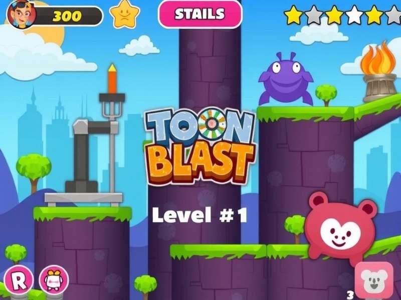 Toon Blast Level 1 gameplay screenshot showing colorful blocks and characters