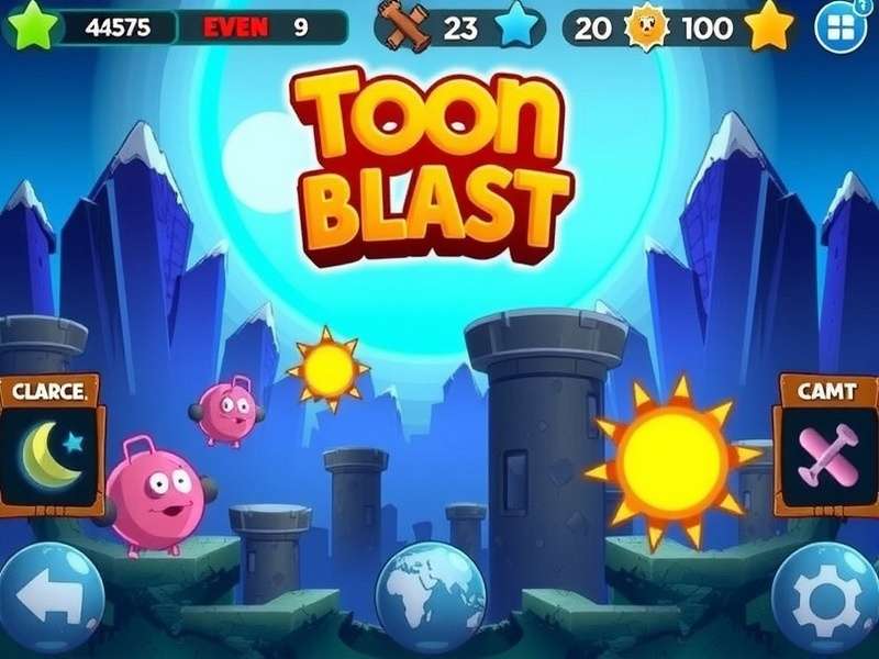 Toon Blast gameplay on a large computer monitor showing high-level puzzles