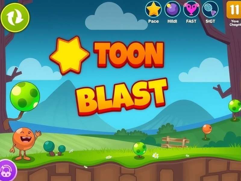 Toon Blast gameplay screenshot showing colorful puzzle blocks and power-ups