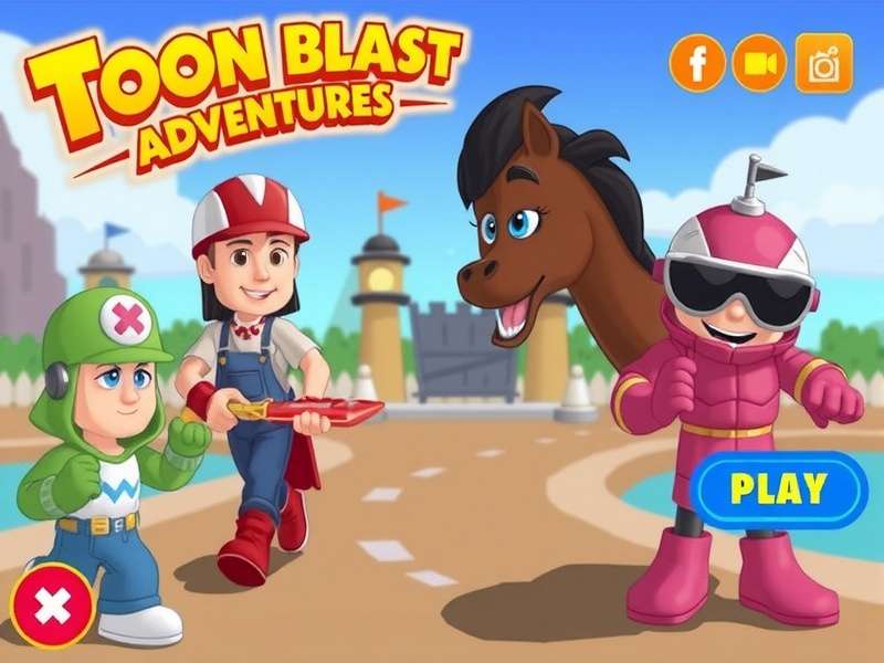 Toon Blast Adventures gameplay screenshot showing colorful puzzle board with power-ups and Bruno character
