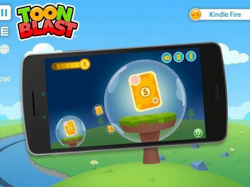 Toon Blast APK for Kindle Fire running on an Amazon Fire tablet with colorful game cubes